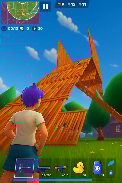 A boy in a white shirt stands in front of a wooden structure.
